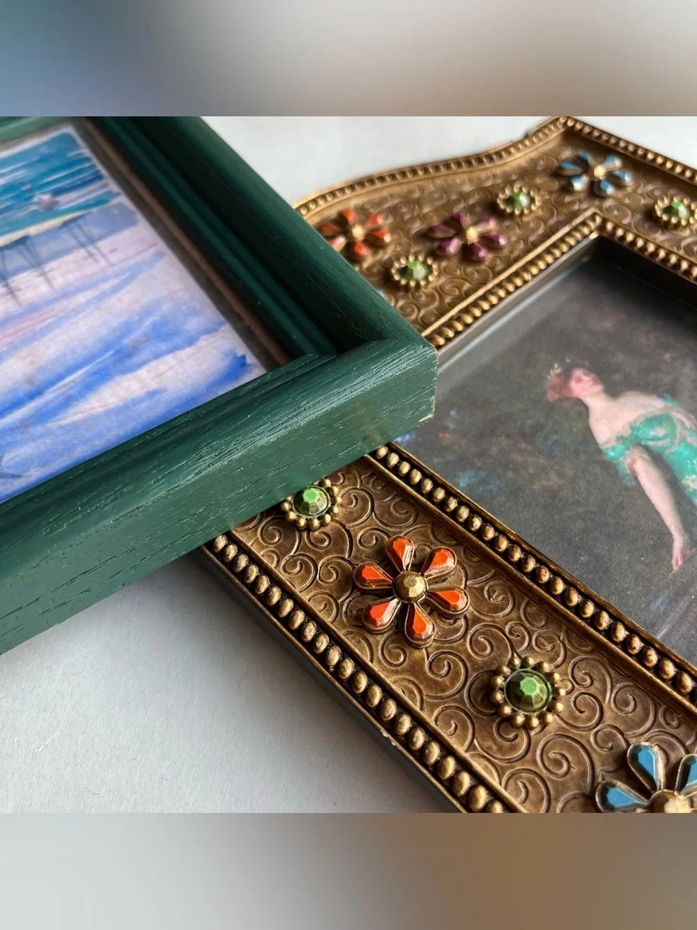 Resin & Wood Picture Photo Frames w/ Fine Art Prints-Set of 2